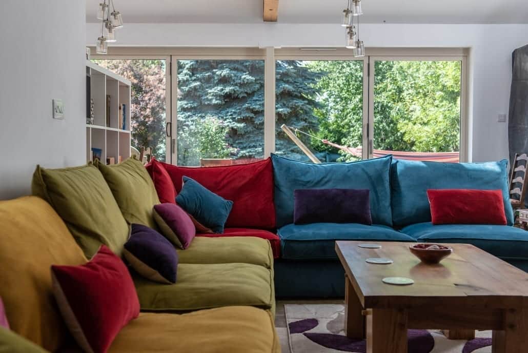 Rear view of bifold doors from garden, South Ipswich village