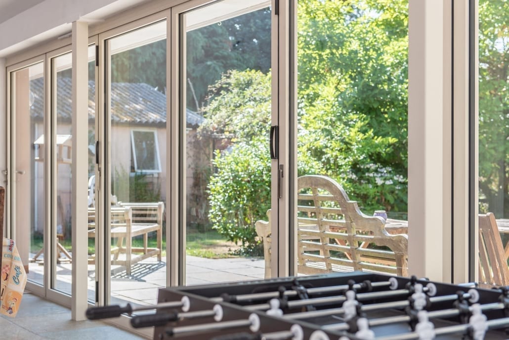 Exterior of rear extension with aluminium bifold doors closed