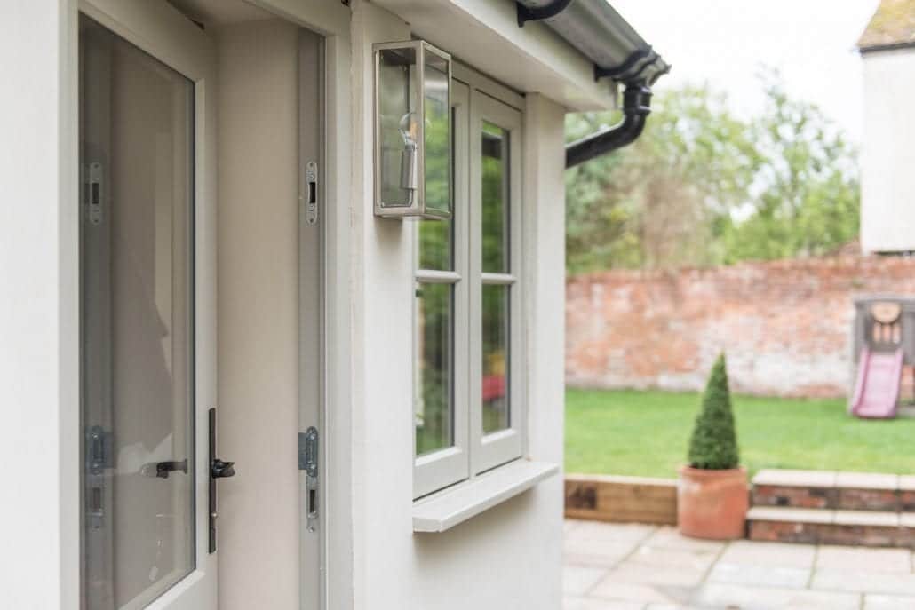 Bereco timber french doors with church tower beyond, Dedham Essex