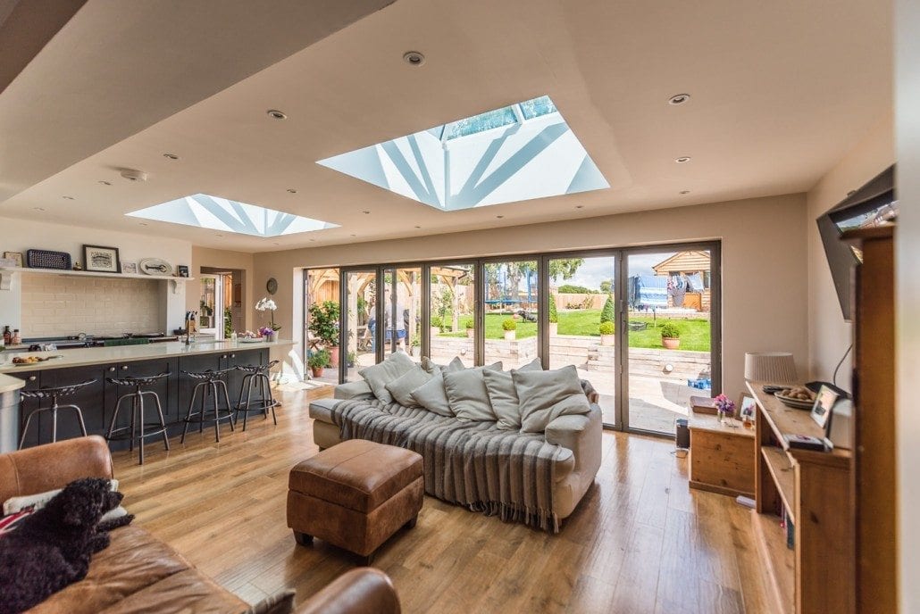 Bifold doors open to the garden on a Coggeshall extension