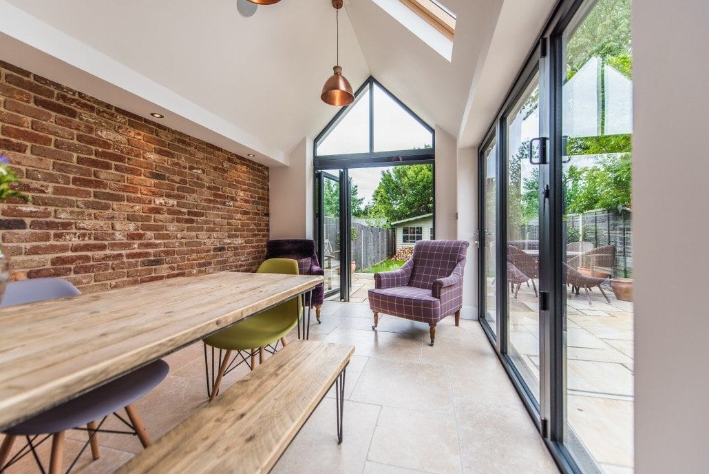 Two adjacent glass bifold sections on Colchester Edwardian rear extension
