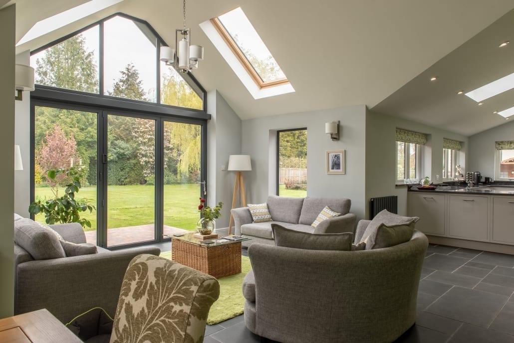 Interior view of open-plan kitchen and family living space, One of Grey Gables