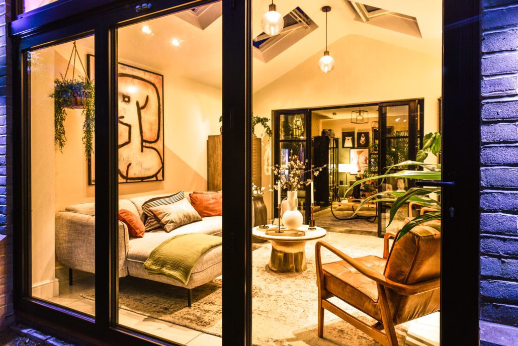 Interior view of Heritage 47 aluminium doors and windows in black powder coat