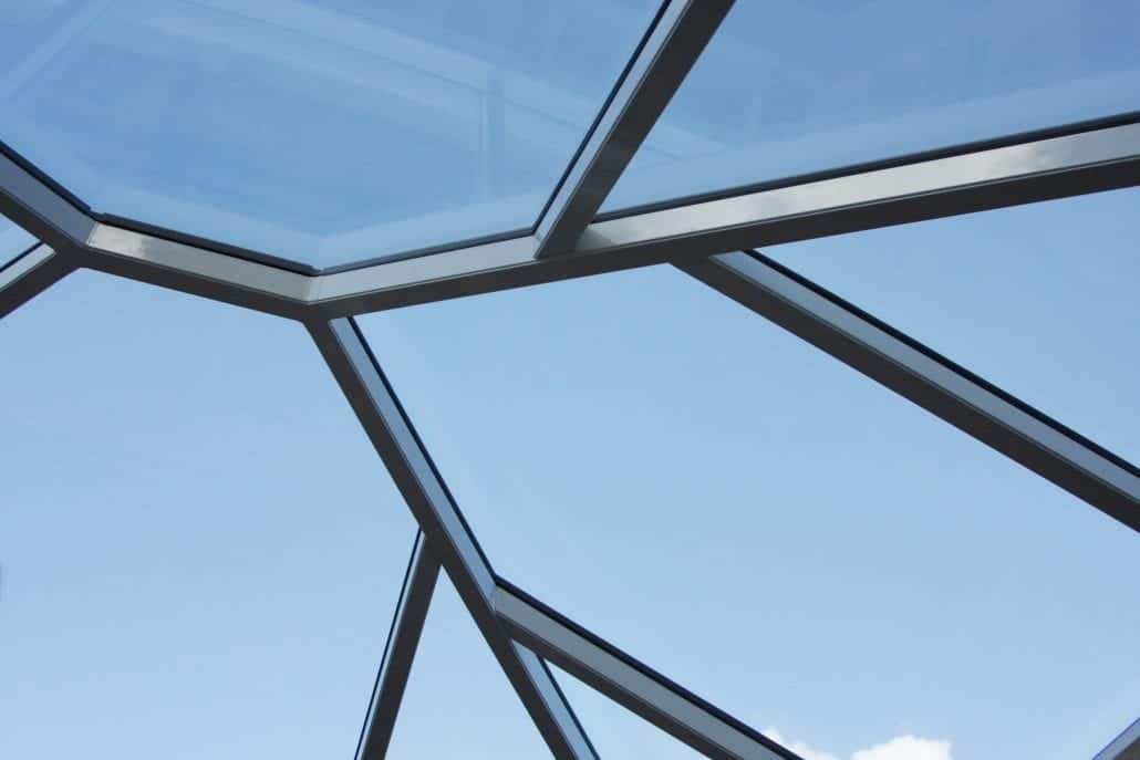 Korniche roof lantern from below with slim black bars, Essex