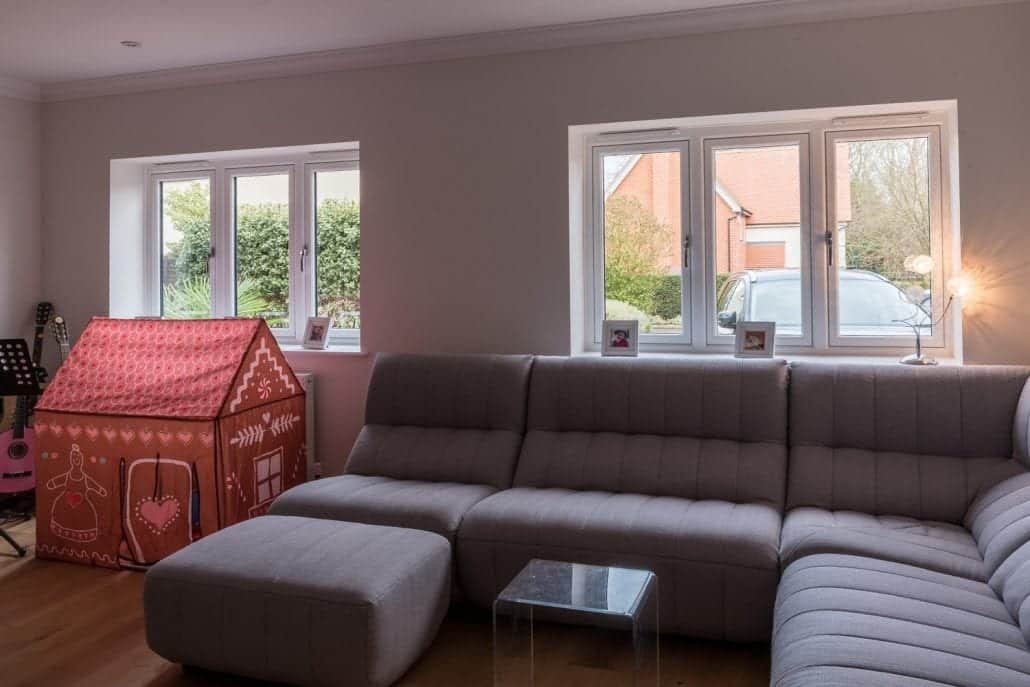 Interior view through sliding doors to garden from family room