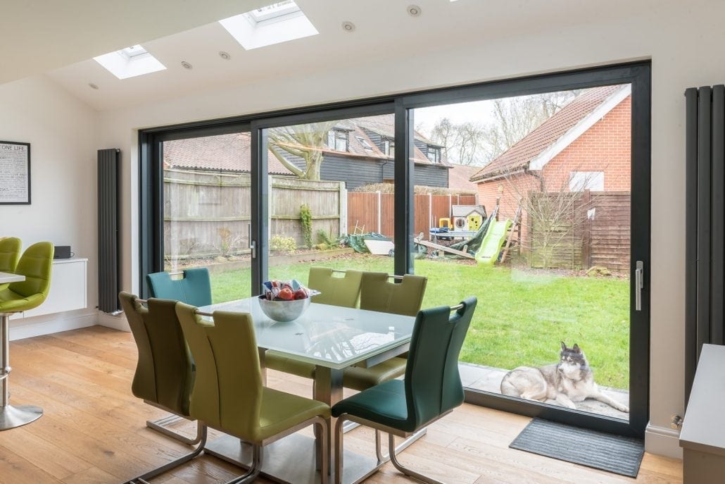 uPVC flush sash windows and sliding doors on a modern family home extension in anthracite grey