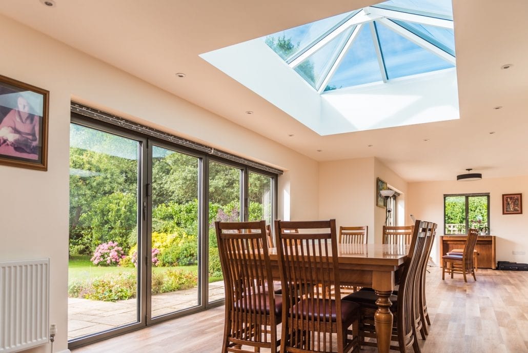 Smarts bifold doors and roof lantern in a rural Essex extension, interior view
