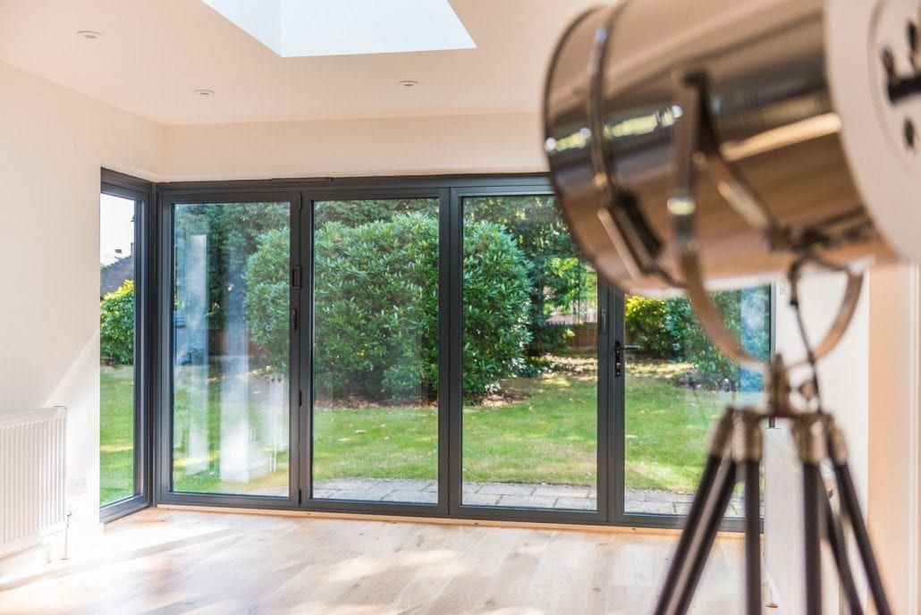 Smarts aluminium bifold door detail, contemporary grey finish