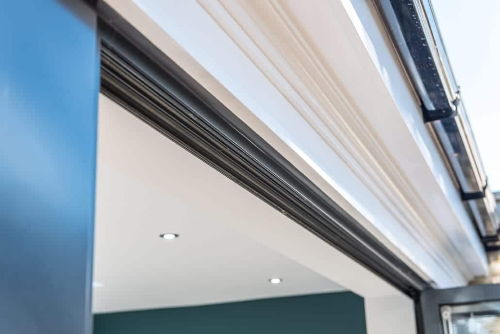 Bifold door detail with integral blinds, Colchester project