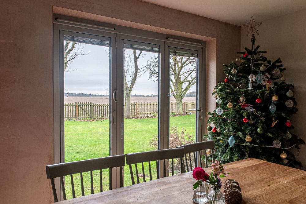 Flush sash window detail, Agate Grey on Heritage White, no glazing bars for uninterrupted countryside views