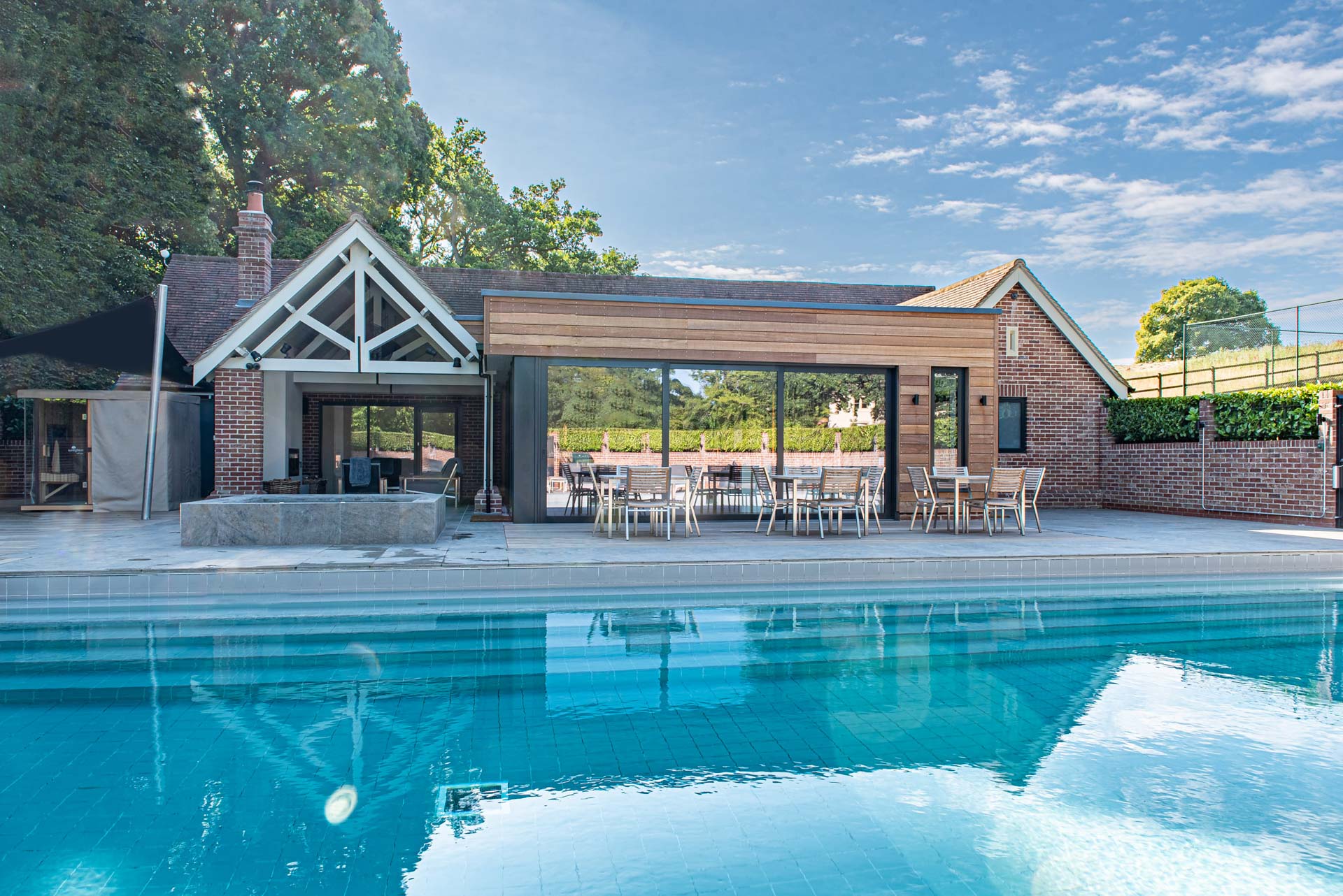 Poolside glazing at Maison Talbooth Hotel and Spa, Constable Country