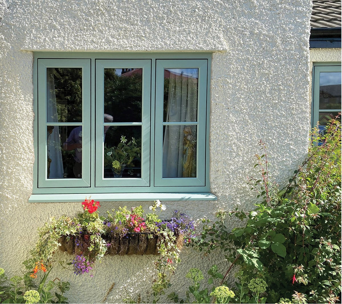 Get Snug sage green flush casement window with window box