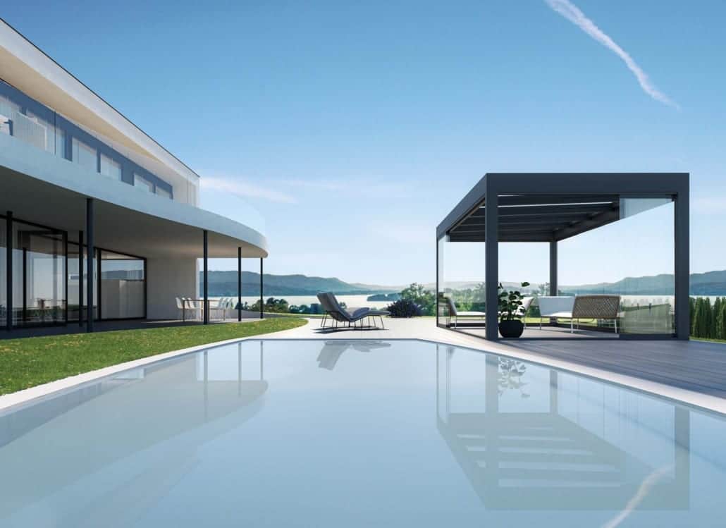 Sunparadise CUBO freestanding glass pavilion beside a pool