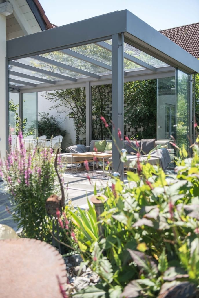 Sunparadise CUBO veranda with flower borders, Windows Etc Essex