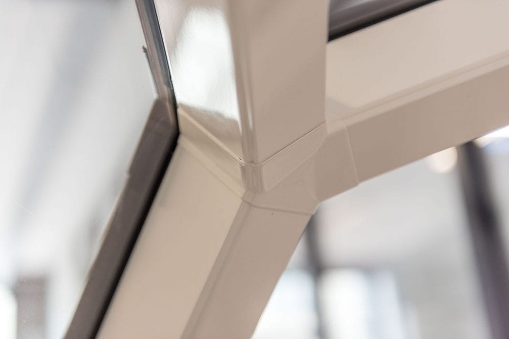 Close-up of a white roof lantern rafter and glazing detail